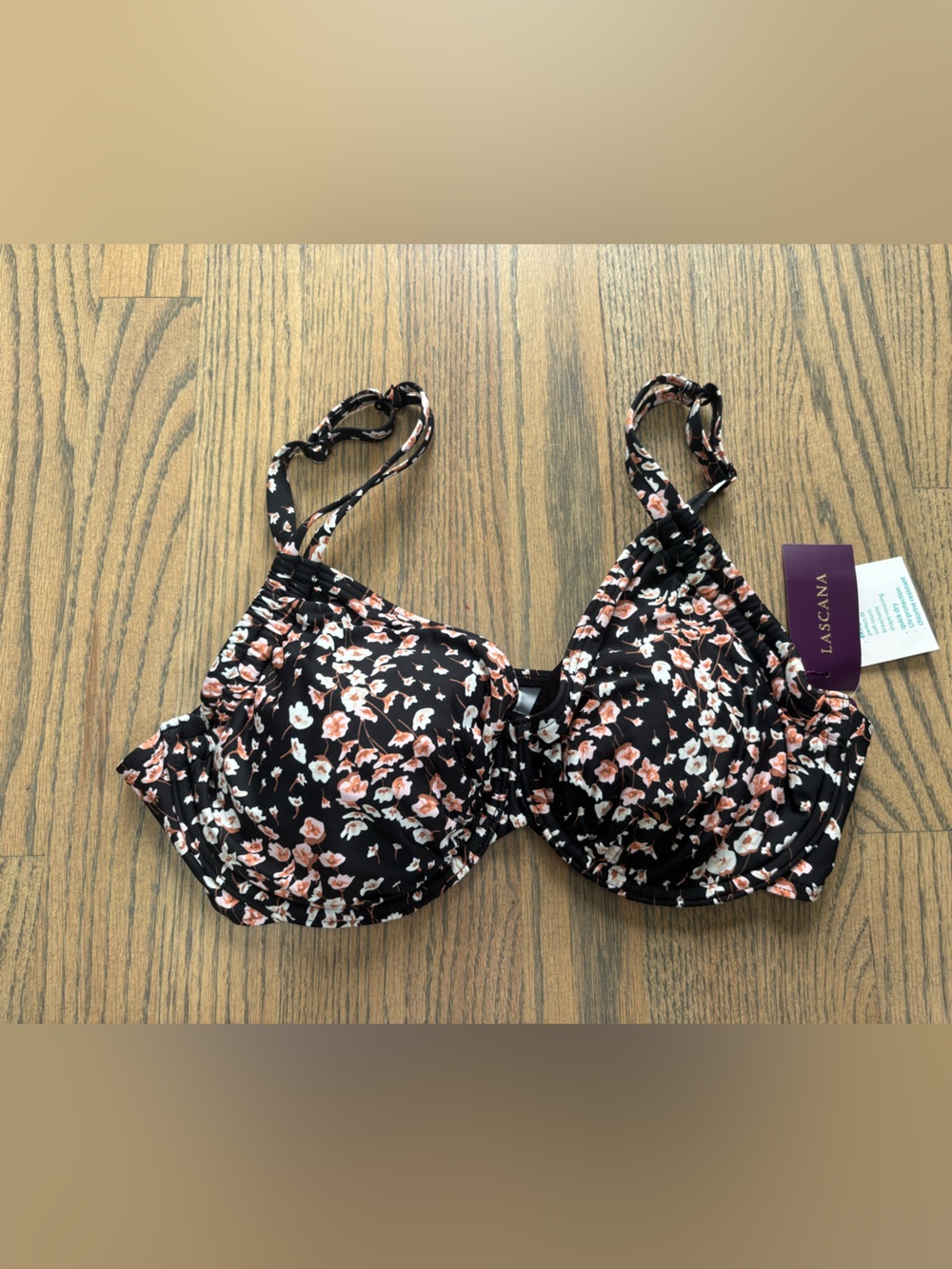 Lascana Black Floral Underwire Bikini Top with Pink-White Blossom Print